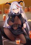  1girl aegir_(azur_lane) alcohol azur_lane bangs bare_shoulders black_gloves black_legwear blurry blush bodysuit breasts clothing_cutout commentary covered_navel depth_of_field drink eyebrows_visible_through_hair gloves hair_between_eyes highres horns irohara jewelry large_breasts long_hair looking_at_viewer multicolored_hair parted_lips red_hair shoulder_cutout silver_hair sitting smile spread_legs streaked_hair thighs yellow_eyes 