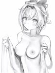  1girl blush breasts greyscale hair_bun hairband highres hololive kazama_iroha looking_at_viewer medium_breasts monochrome nanashi_(nlo) nipples nude parted_lips simple_background solo undressing upper_body white_background 