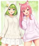  2girls :d animal_ear_fluff animal_hood ass_visible_through_thighs blush fox_hood green_eyes green_fox_(sasaame) green_hair grey_hoodie highres hood hood_down hood_up hoodie long_sleeves looking_at_viewer medium_hair miniskirt multiple_girls naked_hoodie open_mouth original pink_fox_(sasaame) pink_hair pleated_skirt purple_hoodie red_eyes sasaame skirt smile standing white_skirt 