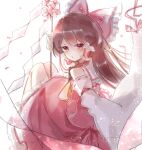  1girl :o ascot bangs blush bow brown_hair collar detached_sleeves eyebrows_visible_through_hair frilled_bow frills gohei hair_bow hair_tubes hakurei_reimu japanese_clothes long_hair looking_at_viewer looking_back miko red_bow red_eyes red_shirt red_skirt ribbon-trimmed_sleeves ribbon_trim shirt sidelocks simple_background skirt skirt_set sleeveless solo sorani_(kaeru0768) touhou white_background yellow_ascot 