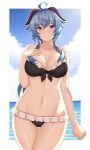  1girl ahoge arind_yudha bangs bikini bikini_skirt black_bikini blue_hair blush breasts cleavage closed_mouth collarbone cowboy_shot eyebrows_visible_through_hair ganyu_(genshin_impact) genshin_impact goat_horns hand_on_own_chest highres horns large_breasts long_hair looking_at_viewer navel outdoors purple_eyes smile solo swimsuit thigh_gap 