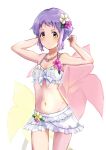  arms_up bare_shoulders bikini blush closed_mouth expressionless eyebrows flower frilled_bikini frills hair_flower hair_ornament hakubaru idolmaster idolmaster_million_live! jewelry looking_at_viewer makabe_mizuki navel necklace purple_hair short_bangs short_hair sidelocks simple_background solo swimsuit wavy_hair white_swimsuit yellow_eyes 