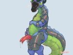  2_penises anthro armor belly black_horn blue_body blue_skin blush bodily_fluids dragon dripping embarrassed erection eyes_closed frill_(anatomy) genital_fluids genitals green_body green_membrane green_skin hand_on_hip hand_on_stomach horizontal_diphallism horn hybrid leaking_precum machine male membrane_(anatomy) membranous_frill motion_lines multi_genitalia multi_penis multicolored_body multicolored_skin penis pink_penis precum precum_drip redishdragie robot simple_background slightly_chubby solo sweat sweatdrop synth tapering_penis thick_tail two_tone_body two_tone_skin white_background 