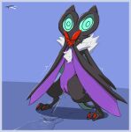  2021 biped black_body blue_background blush bodily_fluids claws clear_urine covering covering_face digital_media_(artwork) digitigrade female feral fur genital_fluids genitals hi_res membrane_(anatomy) membranous_wings multicolored_body nintendo noivern nopetrol peeing_on_floor pok&eacute;mon pok&eacute;mon_(species) purple_body pussy red_body red_claws shaking simple_background solo standing urine urine_pool urine_stream video_games watersports white_body white_fur wings 