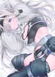  1girl arknights aurora_(arknights) black_hairband blue_eyes commentary_request hair_over_one_eye hairband highres long_hair looking_at_viewer moruhinesan nangs silver_hair smile solo 