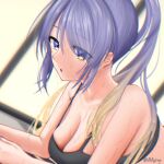  all_fours bangs breasts cleavage close-up exercise eyebrows_visible_through_hair hanging_breasts highres hololive indoors long_hair looking_down medium_breasts moona_hoshinova purple_eyes purple_hair rryiup signature sports_bra sweat virtual_youtuber wet window 