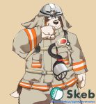 2021 anthro armor bernese_mountain_dog bottomwear brown_body canid canine canis clothing domestic_dog firefighter ginnosuke hard_hat headgear helmet hi_res humanoid_hands kemono male mammal molosser mountain_dog overweight overweight_male pants simple_background solo swiss_mountain_dog white_body 