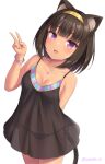  1girl :d animal_ears black_dress black_panties blush breasts brown_hair cat_ears cat_tail cleavage cowboy_shot dress fang hairband hand_up jewelry looking_at_viewer medium_breasts medium_hair necklace original panties parted_lips purple_eyes sasaame side-tie_panties simple_background skin_fang smile solo tail twitter_username underwear v white_background wristband 