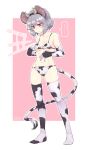  ... 1girl animal_ears animal_print bare_shoulders bikini border breasts closed_mouth collarbone cow_horns cow_print cow_tail dra elbow_gloves eyebrows_visible_through_hair fake_horns full_body gloves grey_hair hair_between_eyes highres horns kanji mouse_ears nazrin red_eyes short_hair small_breasts solo spoken_ellipsis swimsuit tail thighhighs touhou white_bikini white_border white_gloves white_legwear 