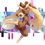  1girl animal_ears animal_hands black_sclera body_fur brown_fur colored_sclera commentary_request eyebrows fighting_stance full_body furry highres jumping kicking legs legs_apart lopunny nagi_(bokedento) no_humans pink_eyes pokemon pokemon_(creature) rabbit_ears rabbit_tail solo tail thighs 