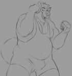  2021 anthro belly bulge canid canine horrorbuns humanoid_hands male mammal nipples overweight overweight_male simple_background solo wrestling_singlet 