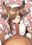  1boy 1girl animal_ears breasts brown_hair censored closed_eyes clothed_female_nude_male erection extra_ears eyebrows_visible_through_hair fellatio galleon_(granblue_fantasy) gloves granblue_fantasy hair_over_one_eye hetero horns large_breasts mosaic_censoring nude oral penis pointy_ears pov solo_focus wakamesan 