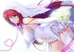  1girl bare_shoulders beat_angel_escalayer blue_eyes bouquet breasts clothing_cutout dress elbow_gloves escalation_heroines escalayer finger_to_mouth flower garter_straps gloves heart kouenji_sayuka large_breasts leotard long_hair navel navel_cutout official_art onigirikun pinky_out red_hair showgirl_skirt sideboob simple_background skirt solo strapless strapless_leotard string string_of_fate thighhighs thighs veil wedding_dress white_background white_gloves white_legwear white_leotard white_skirt white_veil 
