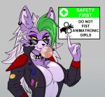  absurd_res anthro breasts bubble_gum canid canine canis clothed clothing collar colored_nails ear_piercing eyewear fangs female five_nights_at_freddy&#039;s five_nights_at_freddy&#039;s:_security_breach fur glasses green_hair green_nails hair hi_res jacket lipstick makeup mammal nails nipple_outline open_clothing open_jacket open_topwear phaser_automata piercing purple_body purple_fur purple_lipstick roxanne_wolf_(fnaf) scottgames shoulder_pads sign simple_background solo spiked_collar spikes topwear video_games warning_sign white_hair wolf yellow_eyes 