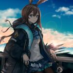  1girl amiya_(arknights) animal_ears anonamos arknights artist_name blue_eyes blurry blurry_background brown_hair clothes_writing cloud coat commentary day flare hair_between_eyes highres jewelry long_hair long_sleeves looking_at_viewer multiple_rings rabbit_ears ring smile solo 