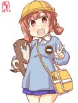  1girl alternate_costume artist_logo bag blue_shirt blue_skirt bokukawauso brown_eyes brown_hair commentary_request cowboy_shot dated hair_rings hat kaiboukan_no._4_(kancolle) kanon_(kurogane_knights) kantai_collection kindergarten_bag kindergarten_uniform long_hair long_sleeves looking_at_viewer low_twintails name_tag one-hour_drawing_challenge pleated_skirt school_hat school_uniform shirt simple_background skirt solo stuffed_otter twintails white_background yellow_headwear 