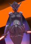  1girl absurdres am_(star_wars) amarenafallen black_bodysuit black_cape black_footwear black_gloves black_skirt bodysuit boots breasts cape dual_wielding energy_sword gloves helmet highres holding lightsaber medium_breasts sith skirt solo star_wars_manga sword thigh_boots thigh_gap thighhighs thighs weapon 