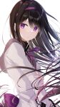  1girl akemi_homura black_hair capelet hairband highres long_hair magia_record:_mahou_shoujo_madoka_magica_gaiden magical_girl mahou_shoujo_madoka_magica meen_(ouaughikepdvrsf) purple_eyes simple_background solo white_background 