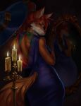 anthro blue_clothing blue_dress breasts butt candle canid canine clothing dress ears_up female fox green_eyes hair hat headgear headwear hi_res lipstick looking_at_viewer looking_back makeup mammal medium_breasts mirror ponytail rear_view red_hair solo yurai 