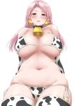  1girl animal_print bare_shoulders bell bikini blush breasts collarbone cow_print cowbell cowboy_shot elbow_gloves gloves highres kantai_collection large_breasts long_hair looking_at_viewer luigi_di_savoia_duca_degli_abruzzi_(kancolle) navel open_mouth pink_eyes pink_hair simple_background smile solo swimsuit takomeshi thighhighs white_background white_bikini white_gloves white_legwear 