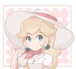  1girl alternate_costume blue_eyes chocomiru earrings hat jewelry long_hair mario_(series) polka_dot polka_dot_background portrait princess_peach solo super_mario_odyssey 