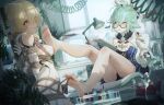  2girls arms_behind_back bangs bare_legs barefoot bdsm between_toes blue_dress blush bondage bound breasts chinese_commentary clipboard commentary_request desk dress english_text feet genshin_impact glasses gloves green_hair highres holding holding_clipboard icecake indoors keyboard_(computer) lamp long_sleeves looking_at_another looking_away lumine_(genshin_impact) medium_breasts monitor multicolored_hair multiple_girls parted_lips plant red_eyes rope short_hair sitting soles standing streaked_hair sucrose_(genshin_impact) test_tube toes vision_(genshin_impact) white_dress white_gloves yellow_eyes 
