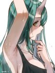  1girl absurdres arknights arm_up armpits artist_name between_breasts blush breasts cleavage collarbone commentary english_commentary goro_desu green_hair highres horns hoshiguma_(arknights) large_breasts long_hair looking_at_viewer mouth_hold oni_horns profile scar scar_on_face simple_background skin-covered_horns solo sports_bra steaming_body sweat towel twitter_username upper_body white_background yellow_eyes 