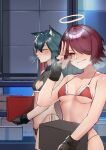  2girls absurdres animal_ear_fluff animal_ears arknights bangs bare_arms bare_shoulders bikini black_bikini black_gloves black_hair blush box breasts carrying cleavage_cutout closed_eyes closed_mouth clothing_cutout collarbone commentary_request dun_ji embarrassed exusiai_(arknights) eyebrows_visible_through_hair fingerless_gloves food food_in_mouth fur-trimmed_bikini fur_trim gloves hair_between_eyes hair_over_one_eye halo highres indoors long_hair looking_at_viewer medium_breasts mouth_hold multicolored_hair multiple_girls nose_blush orange_eyes pocky red_bikini red_hair short_hair smile steaming_body swimsuit texas_(arknights) two-tone_hair underboob v-shaped_eyebrows very_long_hair w wolf_ears 