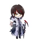  1boy arknights arm_behind_back bangs belt bird_wings black_belt black_footwear black_hair black_pants cane chibi coat eyebrows_visible_through_hair full_body glasses gnosis_(arknights) grey_vest highres knee_pads kongqiyu looking_at_viewer male_focus multicolored_hair open_clothes open_coat pants red_hair shoes short_hair simple_background solo standing streaked_hair vest white_background white_coat wings yellow_eyes 