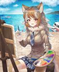  1girl :3 absurdres animal_ears blue_necktie blue_skirt blue_sky blush boat breasts brown_eyes brown_hair brown_legwear cloud day easel eyebrows_visible_through_hair fang gloves highres holding holding_paintbrush holding_palette italian_wolf_(kemono_friends) kemono_friends long_hair long_sleeves looking_at_viewer medium_breasts multicolored_hair necktie neukkom open_mouth outdoors paintbrush palette_(object) plaid plaid_necktie plaid_skirt pleated_skirt sitting skirt sky smile solo tail thighhighs water watercraft white_gloves white_hair wolf_ears wolf_girl wolf_tail 