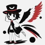  1other androgynous black_eyes black_hair black_headwear chibi cobalta enraku_tsubakura hat len&#039;en long_sleeves looking_at_viewer messy_hair no_mouth short_hair top_hat wings 