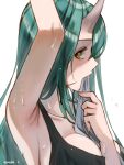  1girl absurdres arknights arm_up armpits artist_name between_breasts blush breasts cleavage collarbone commentary english_commentary goro_desu green_hair highres horns hoshiguma_(arknights) large_breasts long_hair looking_at_viewer mouth_hold oni_horns profile scar scar_on_face simple_background skin-covered_horns solo sports_bra sweat towel twitter_username upper_body white_background yellow_eyes 