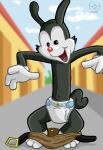  3_toes 4_fingers animaniacs anthro belt belt_buckle diaper feet fingers male padfoot_squarepants pants_around_ankles red_nose solo toes warner_brothers yakko_warner 