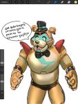  2021 anthro biped black_nose blue_eyes bow_tie clothing dialogue five_nights_at_freddy&#039;s five_nights_at_freddy&#039;s:_security_breach glamrock_freddy_(fnaf) hat headgear headwear hi_res humanoid_hands mammal scottgames smollsaid solo spanish_text text ursid video_games 