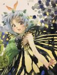  1girl antenna_hair aqua_hair blush brown_eyes butterfly_wings dress eternity_larva fairy green_dress highres leaf leaf_on_head misawa_hiroshi multicolored_clothes multicolored_dress open_mouth painting_(medium) short_hair short_sleeves single_strap solo teeth touhou traditional_media upper_teeth watercolor_(medium) wings 