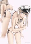  1girl anchor_choker arm_across_chest ass bent_over bikini blonde_hair blue_eyes breasts cameltoe cleavage covering covering_breasts eyebrows_visible_through_hair graf_zeppelin_(kancolle) hair_between_eyes hat highres kantai_collection large_breasts long_hair looking_at_viewer multiple_views peaked_cap side-tie_bikini swimsuit twintails white_background white_bikini white_headwear zuikillme 