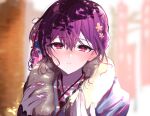  1girl blurry blurry_background blush braid depth_of_field ear_blush flower full-face_blush fur-trimmed_kimono fur_trim hair_flower hair_ornament idolmaster idolmaster_shiny_colors japanese_clothes kimono light_smile looking_at_viewer morino_rinze portrait purple_hair shotan solo 