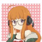  1girl chocomiru glasses headphones orange_hair persona persona_5 polka_dot polka_dot_background sakura_futaba solo upper_body 