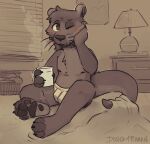  anthro bed bedroom blush chest_tuft container cup donkeyramen furniture guide_lines hi_res holding_object lutrine male mammal mustelid nipples on_bed one_eye_closed pawpads paws sitting sitting_on_bed solo steam tuft whiskers 