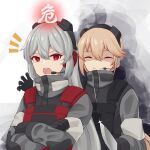  2girls act_(xadachit) aura bangs behind_another black_gloves blonde_hair charolic_(girls&#039;_frontline_2) closed_mouth crossed_arms dark_aura english_commentary evil_smile girls&#039;_frontline girls&#039;_frontline_2:_exilium gloves grey_hair hair_between_eyes headset highres holding holding_knife knife long_hair long_sleeves looking_to_the_side military military_uniform multiple_girls open_mouth ots-14_(girls&#039;_frontline) red_eyes smile teeth translated uniform upper_body upper_teeth 