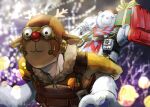  2boys absurdres animal_costume antlers apex_legends bag bear_costume blurry blurry_background bossan_3310 brudda_bear_gibraltar carrying christmas_lights christmas_tree dasher_octane fur_trim gibraltar_(apex_legends) gift gloves goggles highres holding holding_bag holding_gift lens_flare looking_ahead male_focus mask multiple_boys octane_(apex_legends) official_alternate_costume piggyback reindeer_costume running sweat white_gloves 