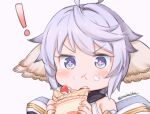  ! :t ahoge animal_ears bangs bare_shoulders blue_eyes blush cream cream_on_face crepe food food_on_face fruit granblue_fantasy grey_background holding holding_food jingai_modoki purple_hair short_hair simple_background strawberry symbol-only_commentary symbol-shaped_pupils twitter_username v-shaped_eyebrows wamdus_(granblue_fantasy) 