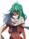  1girl aburai_yui brown_eyes dark-skinned_female dark_skin emerada_(xenogears) green_hair long_hair looking_at_viewer midriff navel scarf simple_background solo torn_clothes white_background xenogears 