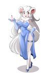  1girl absurdres blue_dress blue_gloves breasts cinccino cleavage dress elbow_gloves gloves highres large_breasts long_hair lucyfer open_mouth personification pokemon simple_background solo very_long_hair white_background white_hair 
