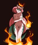  aikaanarchy anthro big_breasts breasts covering covering_breasts crown_of_fire domestic_cat dragon featureless_crotch felid feline felis female fire fur green_body green_scales hair hi_res horn hybrid looking_at_viewer magic_user mammal navel nude pink_hair scales simple_background solo white_body white_fur 