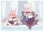  2girls animal_ear_fluff animal_ears artist_name bangs barefoot cape capelet cat_ears cat_girl cat_tail closed_eyes coat dobrynya_nikitich_(fate) eating eyebrows_visible_through_hair fang fangs fate/grand_order fate_(series) fox_ears fox_girl fox_tail full_body fur_trim gloves grilled_fish hair_between_eyes happy hat koyanskaya_(fate) long_hair meiji_ken multiple_girls open_mouth pink_hair sidelocks silver_hair sitting skin_fang snow snowing stick tail tamamo_(fate) tree v-shaped_eyebrows white_cape white_hair winter winter_clothes winter_coat yellow_eyes younger 