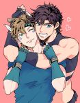  2boys arm_around_neck battle_tendency black_hair blonde_hair blue_eyes caesar_anthonio_zeppeli crop_top facial_mark feather_hair_ornament feathers fingerless_gloves gloves green_eyes hair_ornament headband hug jojo_no_kimyou_na_bouken joseph_joestar joseph_joestar_(young) koeri male_focus midriff multiple_boys triangle_print 