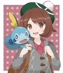  1girl brown_hair chocomiru gloria_(pokemon) green_hair grey_jacket jacket open_mouth pokemon pokemon_(game) pokemon_swsh polka_dot polka_dot_background sobble 