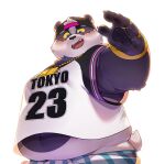 2021 absurd_res alp_(tas) anthro belly blush bottomwear clothing giant_panda hat headgear headwear hi_res humanoid_hands kemono lifewonders male mammal navel overweight overweight_male quanjiang shirt shorts simple_background solo tokyo_afterschool_summoners topwear ursid video_games white_background 