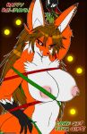  2019 anthro areola big_breasts black_sclera breasts brown_hair canid canine christmas digital_media_(artwork) female fox fur hair hi_res holidays kitsune_urufu mammal mistletoe mostly multicolored_body multicolored_fur navel nipples nude piercing plant red_eyes solo text tongue two_tone_body two_tone_fur viroveteruscy world_gates wrapping 